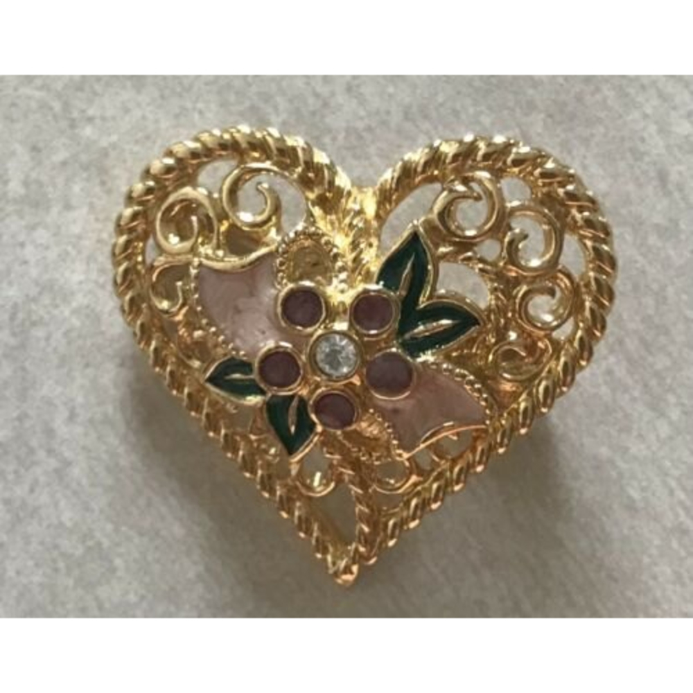 AVON Vintage-Flower Heart Pin/Pendant"I LOVE YOU" Rhinestone & Enamel